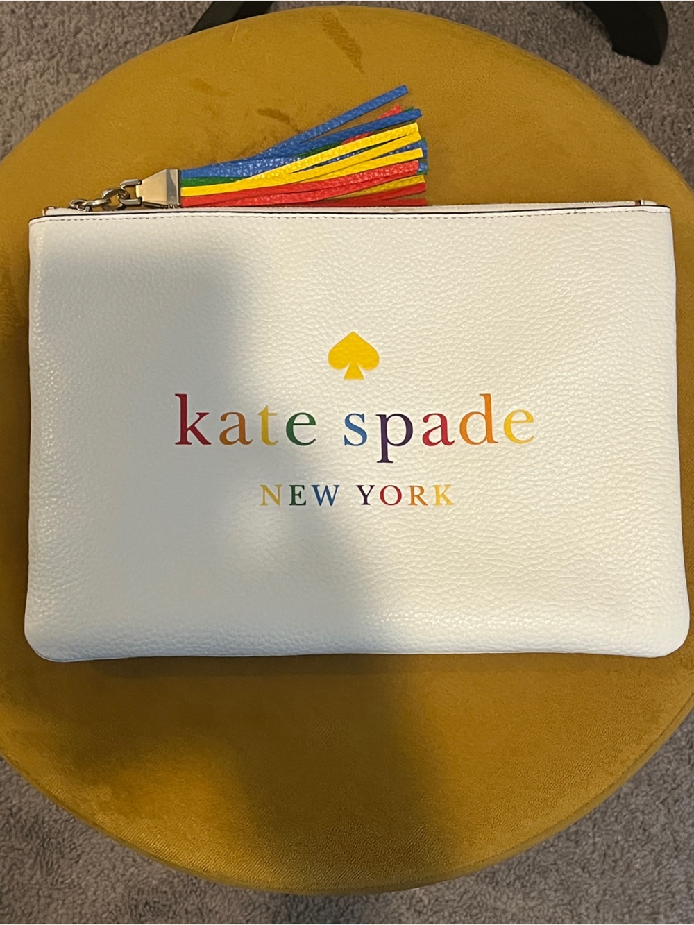kate spade White Rainbow Logo Zip Pouch with Multicolor Tassel